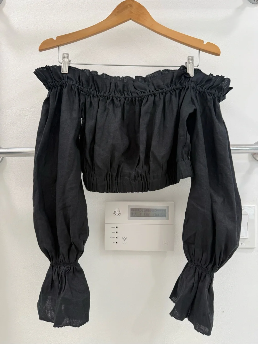 STAUD Black Off-Shoulder Smocked Crop Top